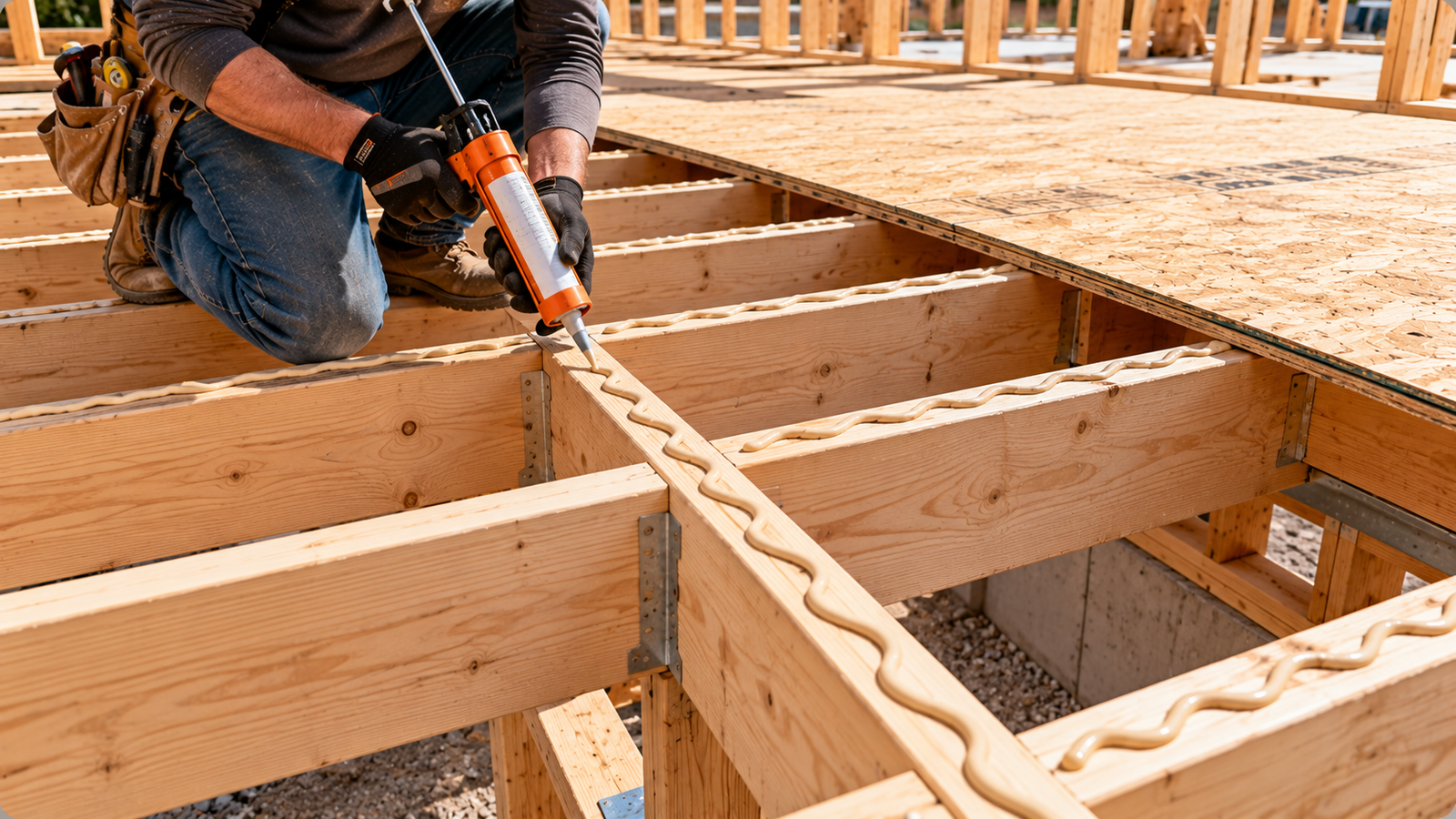 Construction worker applying beads of construction adhesive with a caulking gun along wooden floor joists before installing OSB subfloor panels.